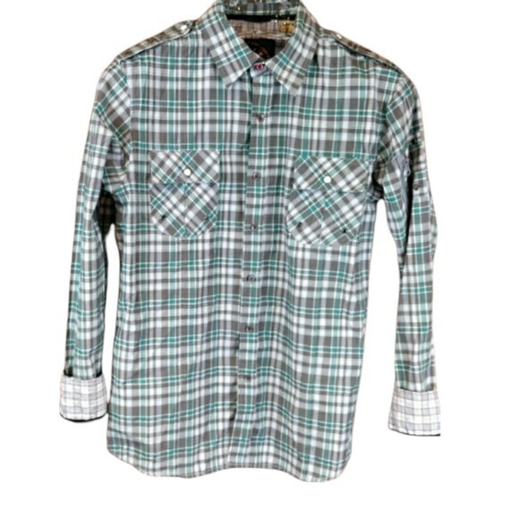 One90One Plaid Button-Up Shirt MED Velvet Trim Snap Grommet Zipper Detail - Picture 1 of 7